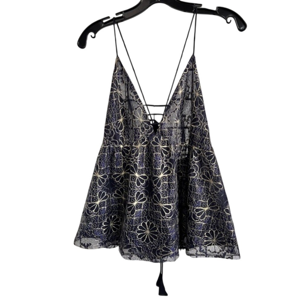 Sachin & Babi Anthropologie Navy Gold Floral NWT Lace Cami Top Size L